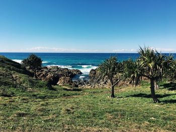 Scenic view of sea against clear blue sky