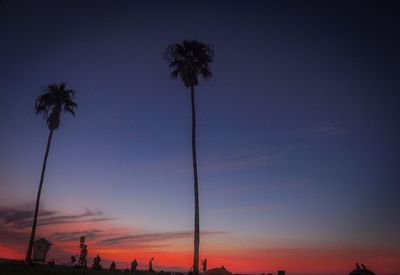 Silhouette palm trees on beach against sky at sunset