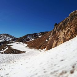 Scenic view of snowcapped mountains against clear blue sky