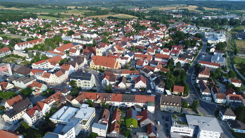 High angle view of town against sky