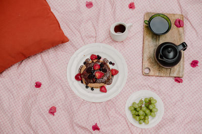 High angle view of breakfast served on table
