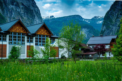 Houses on field by buildings against sky