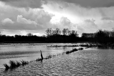 Scenic view of lake against cloudy sky