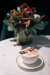 Close-up of christmas decorations on table