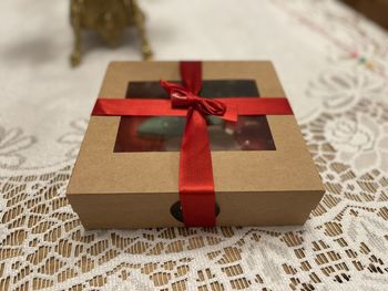 Close-up of christmas presents on table