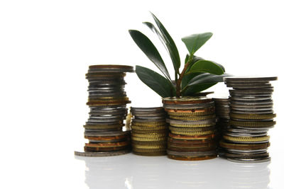 Close-up of stack of objects on table against white background