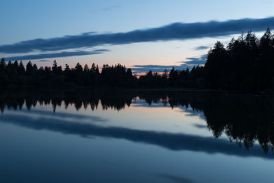 Reflection of silhouette trees in lake against sky during sunset