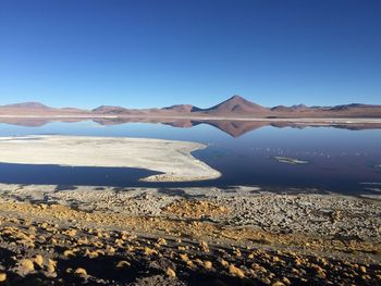 Scenic view of lake against clear blue sky