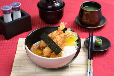 High angle view of food in plate on table