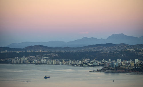 Sunset over the bay and town of valparaiso in chile