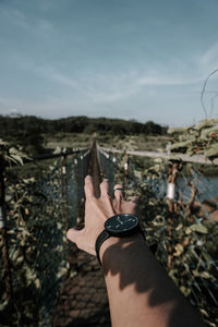 Cropped hand reaching plants against sky