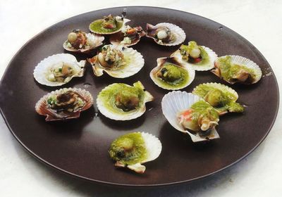 High angle view of food in plate on table