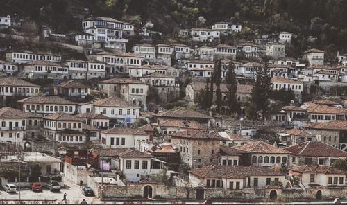 High angle view of houses and trees in town