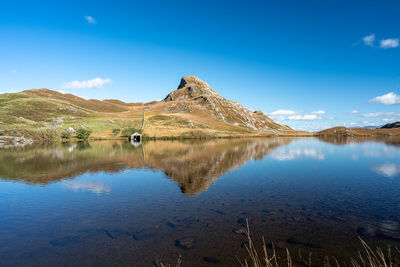 Scenic view of lake by mountain against blue sky