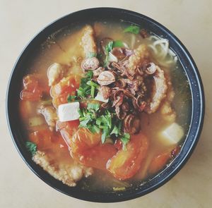 High angle view of soup in bowl on table