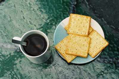 High angle view of breakfast on table