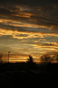 Silhouette trees against dramatic sky during sunset