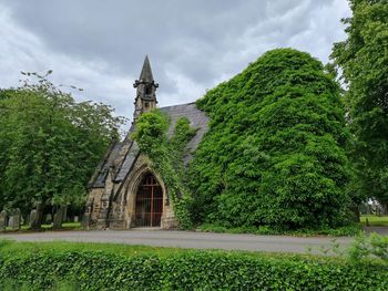 Scenic view of trees and building against sky