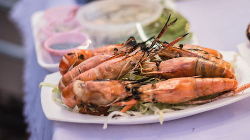 Close-up of seafood in plate on table