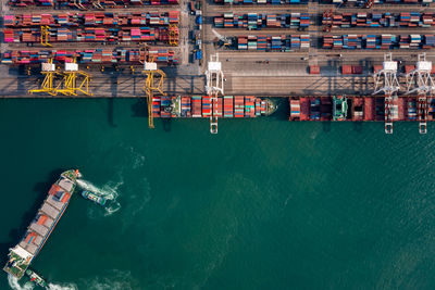 High angle view of commercial dock by sea