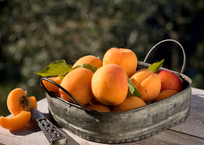 Close-up of fruits in basket on table