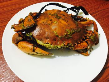 High angle view of food in plate on table