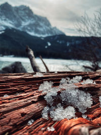 Close-up of snow on wood against mountains