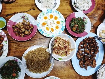 High angle view of meal served on table