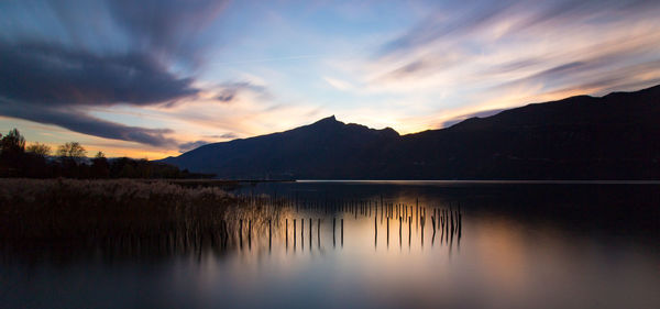 Scenic view of lake against sky during sunset