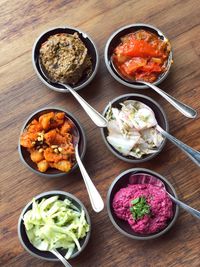 High angle view of food served on table