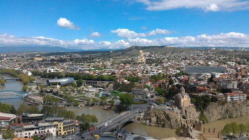 High angle shot of townscape against sky