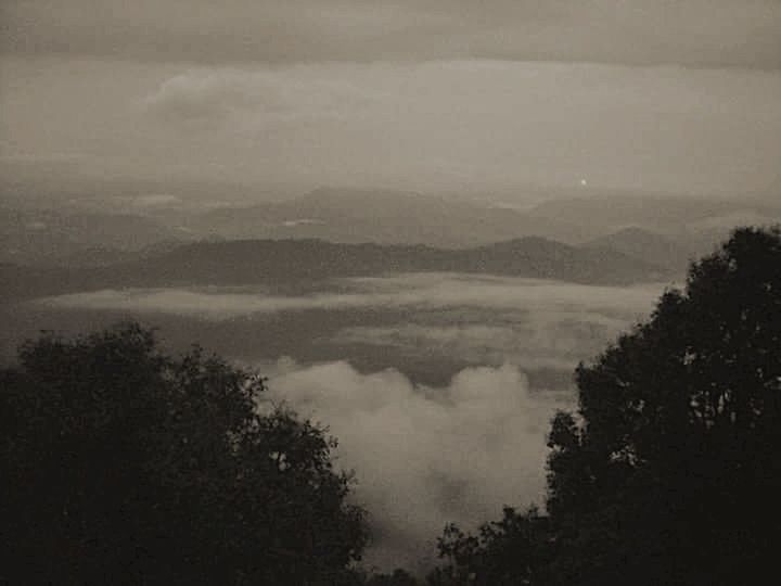 scenics, tranquil scene, tranquility, tree, mountain, beauty in nature, fog, sky, nature, silhouette, foggy, weather, landscape, idyllic, mountain range, cloud - sky, non-urban scene, dusk, outdoors, no people