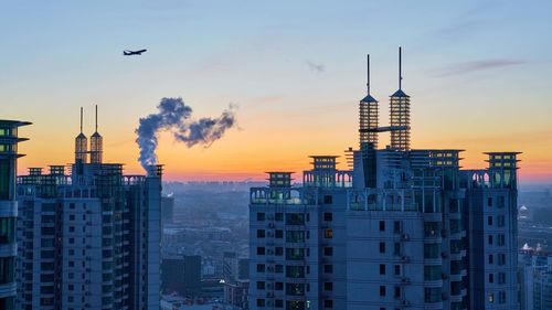 City skyline at sunset