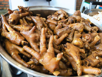High angle view of meat in plate on table