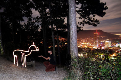 Illuminated christmas tree against sky at night