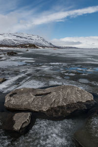 Scenic view of frozen lake against sky