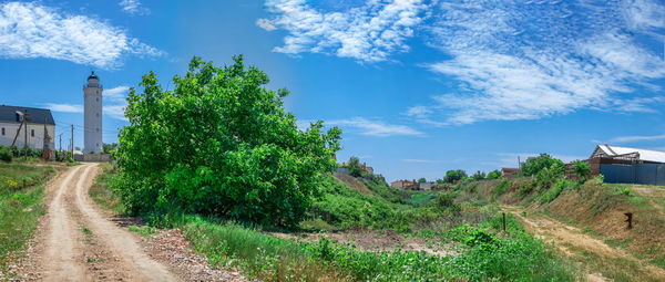 Road amidst trees and buildings against sky