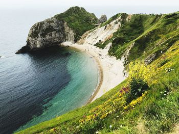 Scenic view of sea by mountain