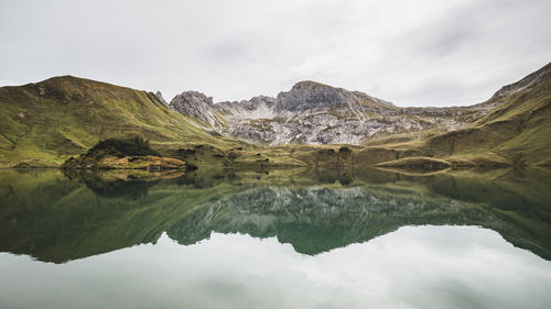 Reflection of mountains in lake against sky