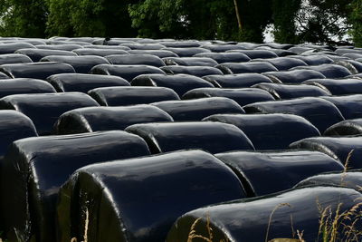 Aerial view of row of bales