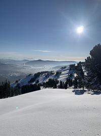 Scenic view of snow covered mountains against sky