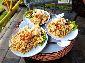 High angle view of food in plate on table
