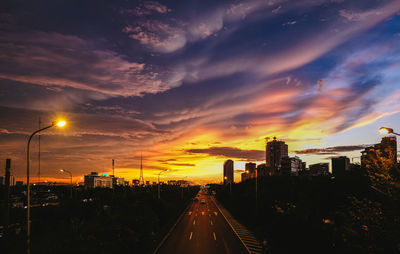 Railroad tracks in city against sky during sunset