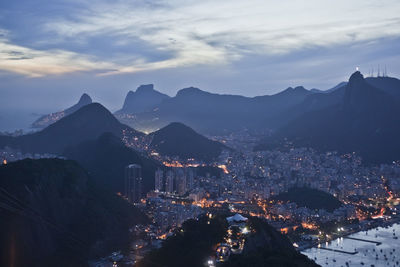 High angle view of illuminated buildings in city against sky