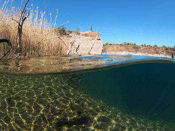 Scenic view of lake under and over water against clear blue sky