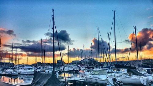 Boats moored at harbor