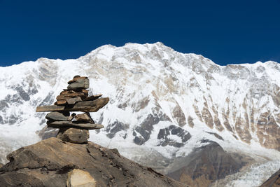 Scenic view of snowcapped mountains against clear blue sky