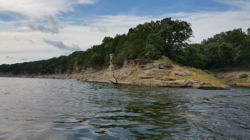 Scenic view of river and landscape against sky