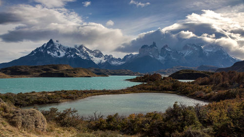 Scenic view of snowcapped mountains against sky