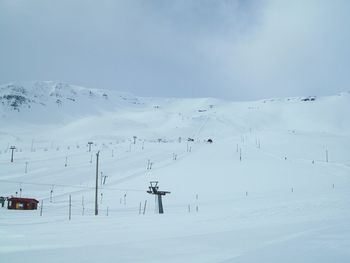 Scenic view of snow covered land against sky